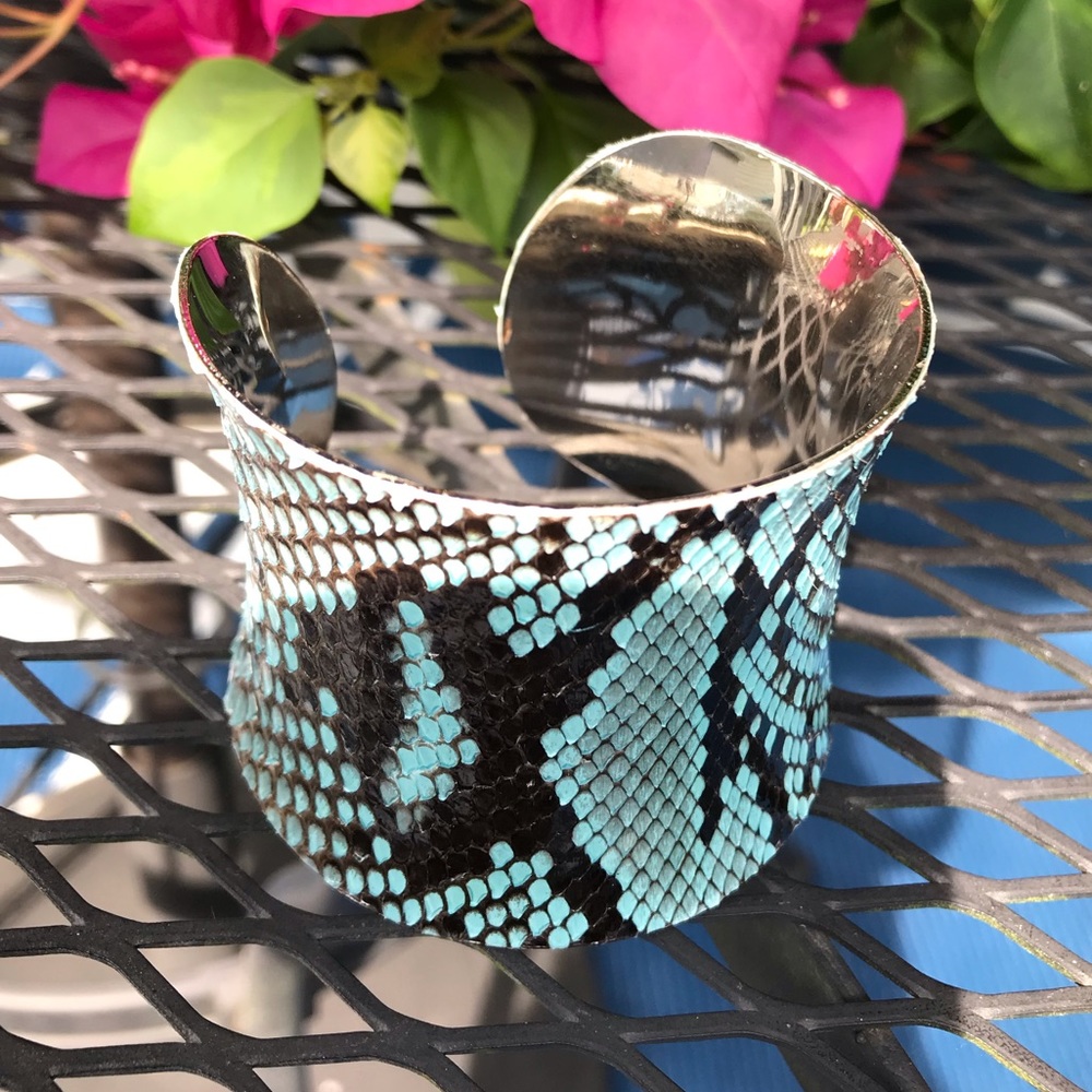 Blue Snakeskin Stainless Steel Wide Cuff Bracelet - Picture 3 of 5